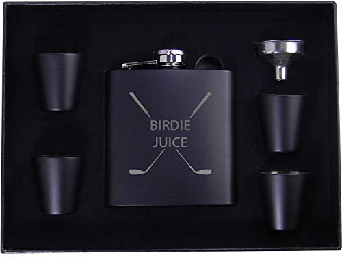 Birdie Juice Flask, Funnel, Shot Glasses, and Gift Box - Golfing Birdie Juice Hip Stainless Steel Metal Matte 6-Ounce Golf Bag Flask (Black)