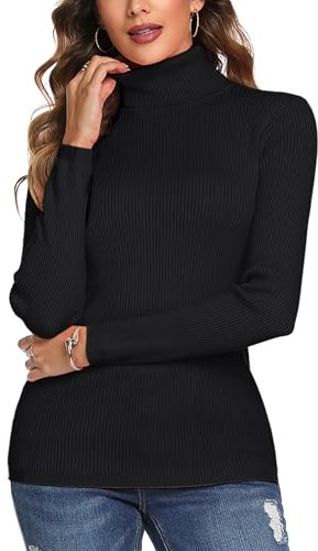Aottori Black Turtle Neck Tops for Women Knitted Jumpers Ladies Long Sleeve Ribbed Knit Sweater Winter Warm Pullover Tunic Black L