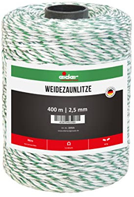 Weidezaunlitze, 2,5 mm Ø, weiß/grün - 400 m Rolle - 6 Niroleiter 0,15 mm Ø - ideal für Schafe/Schafzaun - Made in Germany (1 Rolle)