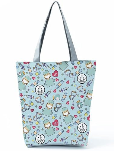 INN Bolso de enfermera de lona de algodón, bolsa de la compra, bolsa de tela, bolsa de algodón con estampado de dibujos para enfermería, trabajo diario, 42x34cm (bluenurse)