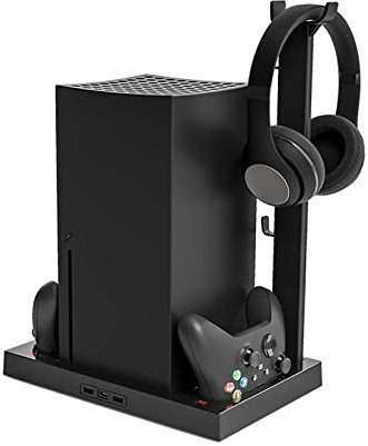 Base de Refrigeración para Xbox Series X, Soporte de Refrigeración de Consola con 4 Ventiladores de Refrigeración, Estación de Carga Doble Vertical con Soporte para Auriculares, con 2 Baterías