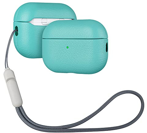 Haobobro Lederhülle für AirPods Pro 2. Generation - Leder Case in Cyan Blau | Handgefertigte AirPods Pro 2 Leder Hülle, Komplett umhülltes Design, Doppelschichtiger Schutz, Schutzhülle aus Echtleder