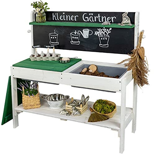 Meppi Matschküche Kleiner Gärtner - Outdoorküche aus Holz - Pflanztisch für Kinder/Basteltisch - Weiss/grün
