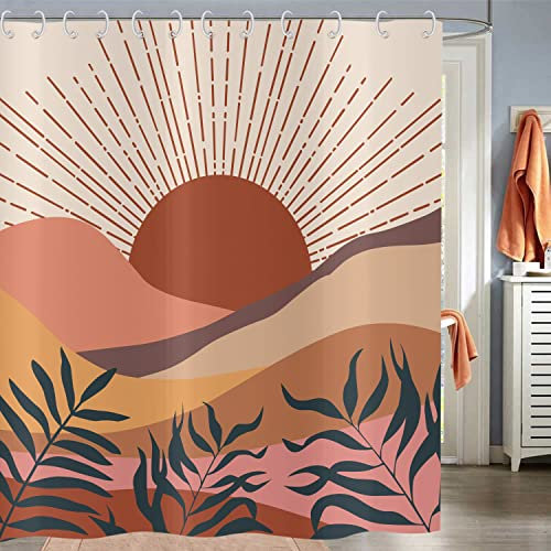 Duschvorhang Boho 180x200, Hnmdmyi Mid Century Abstrakt Berg Sonnenuntergang Blatt Badewanne Vorhang Modern Minimalistisch Geometrisch Ästhetisch Kunst Wasserdicht Polyester Stoff Waschbar Badevorhang
