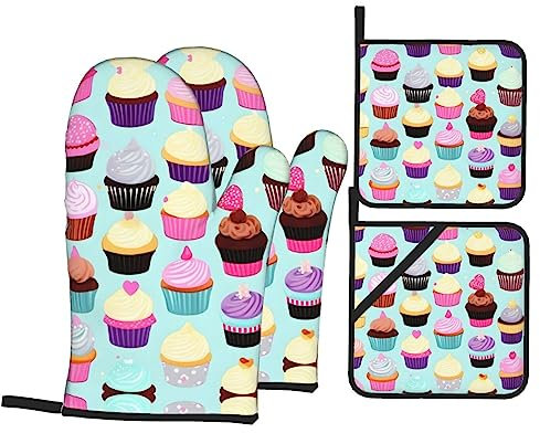 Cupcake-Muster, hitzebeständig, rutschfest, Ofenhandschuhe und Topflappen, weiches Innenfutter zum Kochen und Backen