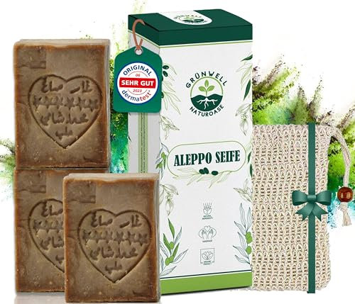 Grünwell Naturoase Aleppo Seife Original Set 3x190g mit 20% Lorbeeröl 80% Olivenöl | Olivenölseife Natürliche Pflege für Gesicht und Körper | Haarseife olivenöl seife | aleppo soap