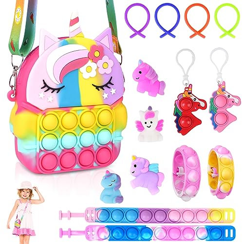 Ainiv 15PCS Fidget Set, Pop Push It Tasche Handtasche, 2 in 1 Toys Taschen Umhängetasche, Mini Silikon Schlüsselbund, Poppet Bubble Finger Autismus for ADHS Squeeze (Bunt)