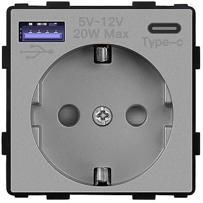 BSEED Schuko Steckdose mit USB C 20W Schnellladegerät, USB Type C Wandsteckdose Funktiontaster ohne Rahmen, USB Steckdose Unterputz, Einbausteckdose-Grau