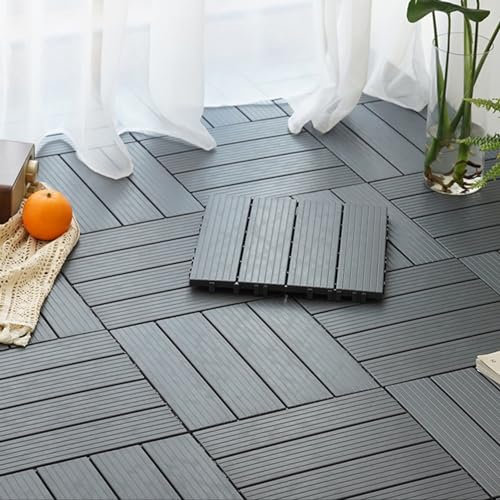 Ineinandergreifende Kunststoff-Terrassenfliesen, 44/54/60 Stück, Bodenbelag Für Drinnen Und Draußen, Wetterfest, Wasserdicht, Pflastersteine Für Hinterhof-Terrasse(Size:60 Pcs,Color:Gerades Grau)