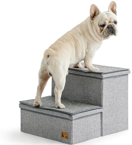 BEDELITE Hundetreppe für große Hunde, schwerbelastete, faltbare Haustiertreppe bis zu 90 kg, mit abnehmbaren Matten und Aufbewahrung, 2 Etagen Hundetreppe für Bett und Couch, Grau