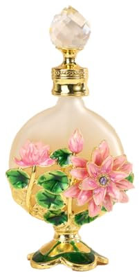 MEHOFOND 15ml 2-Sided Lotus Vintage Perfume Bottle Fancy Glass Decor Floral Classical Empty Perfume Bottle Women Girl Gift Reusable Essential Oil Scent Bottles Refillable Perfume Container (Pink)