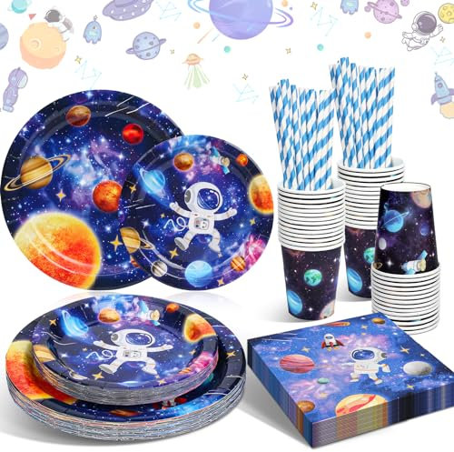 HLEIUKT 100 Pièces Astronaute Vaisselle Anniversaire, Spac Thème Party Supplies Set, Vaisselle de Fête Assiette Papier Tasse Serviette Paille pour Astronaute Decoration Anniversaire (20 Invités)