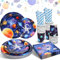 HLEIUKT 100 Pièces Astronaute Vaisselle Anniversaire, Spac Thème Party Supplies Set, Vaisselle de Fête Assiette Papier Tasse Serviette Paille pour Astronaute Decoration Anniversaire (20 Invités)