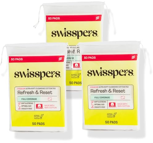 Swisspers Refresh and Reset Facial Cleansing Cotton Pads - 100% Natural Fiber, Ultra-Soft Beauty Essentials for Women & Men - Cruelty-Free, Paraben-Free Skincare Application Squares (50 Count) 3 Pack