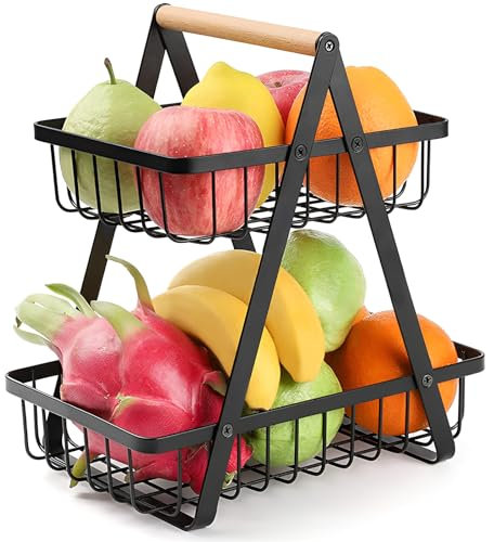 LIUCONGBD 2 Tier Countertop Fruit Basket Bowl, Metal Wire Storage Basket Fruits Stand Holder Organizer, Detachable Fruit Storage Basket for Vegetables, Snacks in Home, Kitchen Office, Black