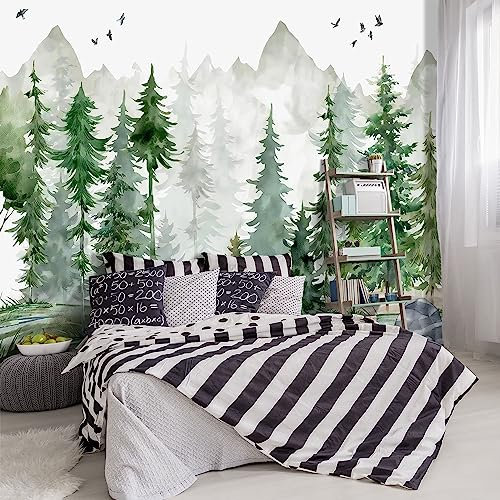 YIHWM -Green Cartoon Pine Forest Nursery Fabric Wallpaper for Boys and Girls Children's Bedroom Living Room Woodland Plants Large Wall Mural- 151x96( not Peel and Stick)
