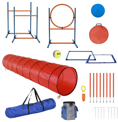 Sedeke 15 Stück Haustiere Agility Trainingsgeräte Hindernis-Trainingskurs Kit Verstellbarer Hund Reifen Hund Sprung Weben und Blindstangen und Pause Box für Hund Hindernislauf Outdoor Spiel
