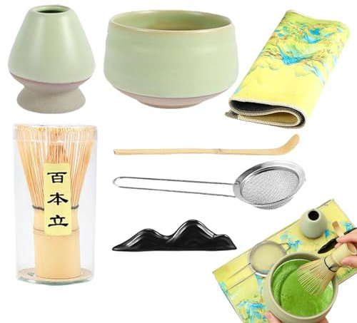 Vbnuyhim Ensemble de fouet à matcha avec bol, service à thé matcha | Service à thé japonais en céramique 7 pièces | Ensemble complet de bol à matcha et fouet, accessoires pour matcha pour femme et
