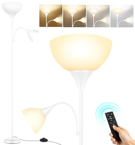 OUTON Stehlampe Wohnzimmer mit Leselampe, LED Dimmbar Deckenfluter, Stehleuchte mit Fernbedienung, 4 Farbtemperaturen, 1H Timer, Speicherfunktion, und 9W Glühbirnen, für Büro Schlafzimmer (Weiß)