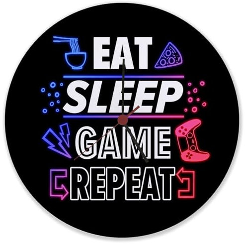 speecheese Eat Sleep Game Repeat Zocker Wanduhr aus Glas Uhr für Spieler und Konsolenspieler mit witzigem Spruch und Neonmotiv Dekoration für das Gamerzimmer