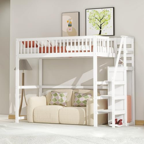 Merax Hochbett 90 x 200 cm aus Holz, Multifunktionales Hochbett für Kinder mit Kleiderstange und Treppe, Weiß (ohne Matratze)