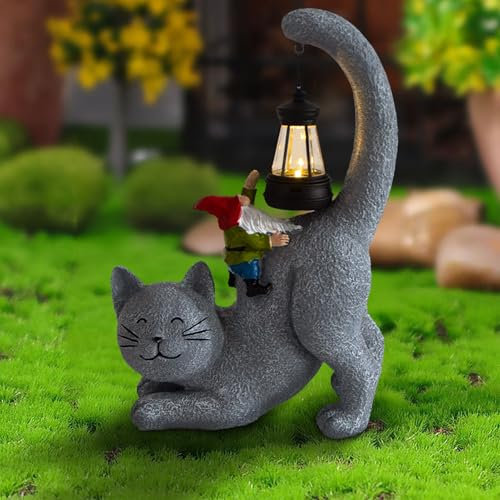 Tuzsocr Katzen Deko, Katze Gartenfiguren für Außen mit Solar Laterne, Katzen Figuren Solarbetriebene LED Lichter, Wetterfeste Gartenzwerge, Zwerge Deko für Rasen, Hof, Terrasse, Fensterbank, 28cm