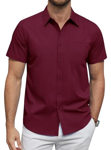 J.VER Herrenhemd Kurzarm Casual Regular Fit Business Hemd Formales Hemd mit Tasche für Arzt Barkeeper Kellner,Bordeaux,XL