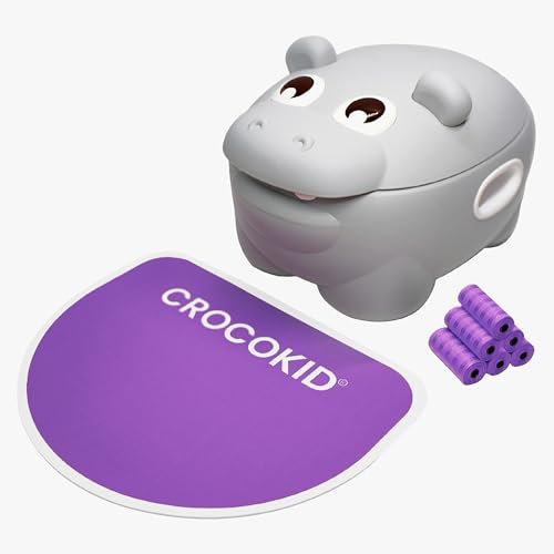 CROCOKID® Hippo Potty - Pot Bébé, Toilette Bébé Apprentissage Propreté, WC Bébé 1-4 ans + Accessoires, Pot de Chambre Enfant avec Couvercle, Tapis, Sacs jetables | 0-25kg | Design Hippopotame (Violet)