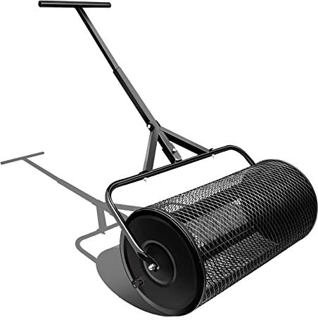 Torfmoosstreuer 24 Zoll, Samenstreuer, Kompoststreuer mit verstellbarem Griff, für Rasenpflege und Garten, Topdressing-Walze mit Metallgitterkorb, zum Verteilen von Schmutz, Mulch und Erde schwarz
