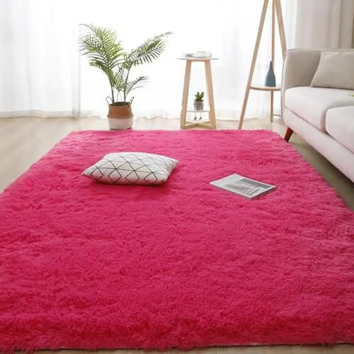 AIMECO Tappeti camera da letto Tappeto Peloso Morbido lungo Soggiorno Carpet stanza da letto pelo moderno scendiletto salotto Antiacaro Antiscivolo Bambini pavimento Grande 120 * 160cm Fucsia