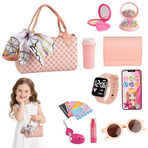 Handtasche Mädchen – Mein erstes Kinder Handtasche Set mit Zubehör und Spiel-Make-up, enthält Telefon, Geldbörse und Rollenspielzeug ab 3 Jahren, kleine Mädchen