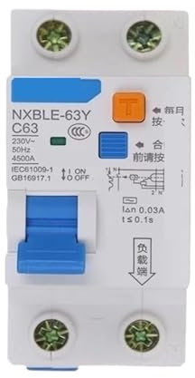 KVEIYIIC Disjoncteur différentiel électronique à Courant résiduel 16 A, 63 A, 10 mA, 30 mA, 1P+N, 230 V(16A)