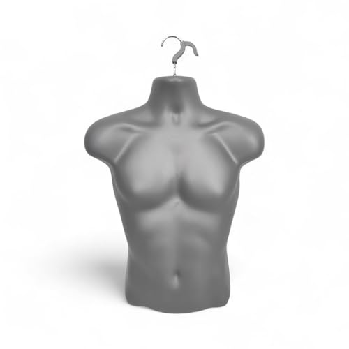 Male Half Body Form Mannequin –Durable Plastic Display with Hollow Back & Hanging Hook–Lightweight, Easy to Clean –Ideal for Clothing, Tops, Jewelry & Retail Garment Presentation (Silver, Half Body)