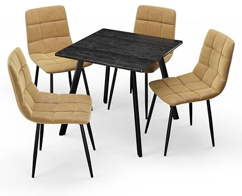 URBNLIVING 80cm Square Table with 4 Velvet Chairs | Stylish Dining Set for Apartment & Small Spaces - Black Wood Table Curly Yellow Chair
