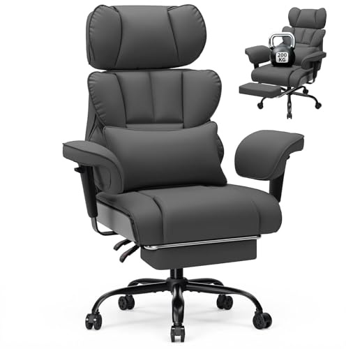 HOFFREE Ergonomischer Bürostuhl mit Fußstütze PU Leder Chefsessel mit 155° Liegefunktion, Verstellbare Armlehnen und Kopfstütze, Bürosessel Chefsessel 200kg für Büro und Schlafzimmer (Grey)