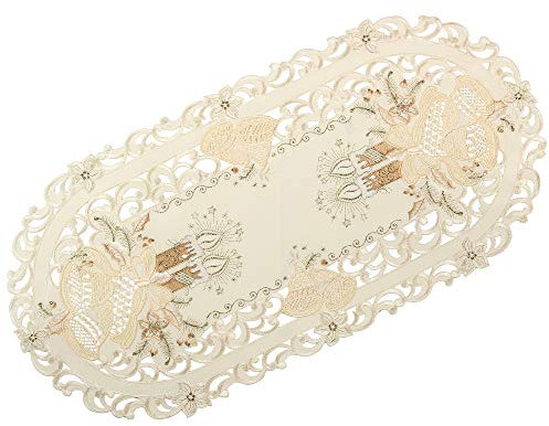 Bezaubernder Weihnachten Tischläufer/Tischdeckchen Creme-Weiß mit Gold Kerzen Glocken Stickerei - Größe wählbar (ca. 35 x 70 cm Oval)