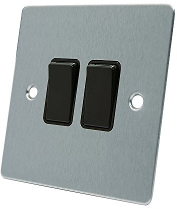AET FSC2GSWIBL 10 A 2-Gang 2-Way Satin Chrome Flat Double Light Switch with Black Insert Plastic Rocker Switches