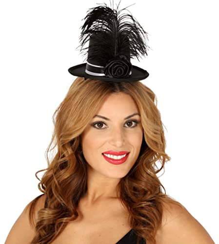 Fiestas Guirca Mini Chapeau Haut de Forme Brillant Noir avec Rose et Plume Femme - Noir - Taille Unique