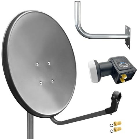 60cm HD Sat Anlage Twin LNB + Wandhalter 45 cm + 2 F-Stecker Digital 2 Teilnehmer Antenne grau UHD 4K
