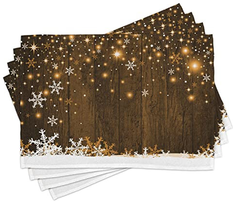 ABAKUHAUS Weihnachten Platzmatten, Holz und Schneeflocken, Waschbare Stoff Esszimmer Küche Tischdekorations Digitaldruck, Elfenbein Braun