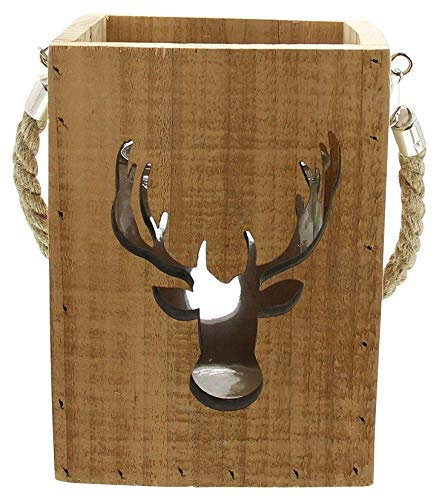 Dekoleidenschaft Kerzenhalter Hirsch aus recyceltem Holz im Shabby Look mit Windlicht-Glas, Holzlaterne, Hängelaterne, Kerzenständer, Garten-Laterne