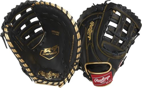 Rawlings Herren Baseball-Handschuh der R9-Serie, Größen 29,2 cm – 32,4 cm, Modified Pro H-Web | Schwarz/Gold, 12.5 | First Base