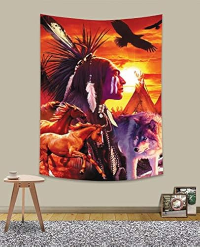 UHOMETAP GTWYUH298 Wandteppich Indianer Mann Wolf Pferd Heimdekoration Wandteppich für Wohnzimmer Schlafzimmer Schlafsaal Picknickmatte Strandtuch Bettüberwurf 101,6 x 152,4 cm