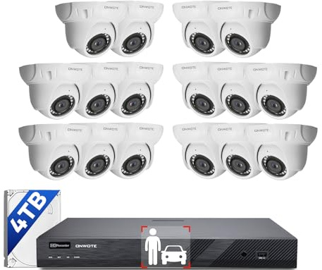 ONWOTE Sistema di telecamere di sicurezza NVR PoE a 16 canali, 12 MP 4K 16CH NVR commerciale 4 TB, 16 telecamere IP da 6 MP cablate da esterno a 122 ° con audio, rilevamento AI, 16 cavi (totale 1000