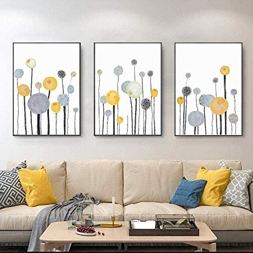 UBVV Leinwand Bilder Abstrakte Gelb Grau Blumen Wandkunst Poster Minimalistisches Pflanze Wandbild Hintergrund Wanddekoration Ungerahmt (23.6”x 35.4”(60x90cm) x3)