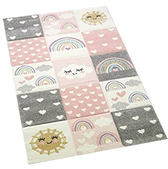 CARPETIA Teppich Kinderzimmerteppich Kinderzimmer Teppich Herzchen Wolken Regenbogen Punkte rosa Creme grau Größe 80x150 cm