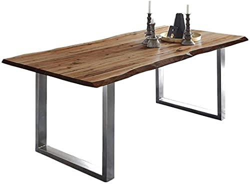 SAM Baumkantentisch 200x100 cm Mephisto, Akazienholz massiv + nussbaumfarben lackiert, Esstisch mit Edelstahl U-Gestell gebürstet, Esszimmertisch/Holztisch, Tischplatte 26 mm