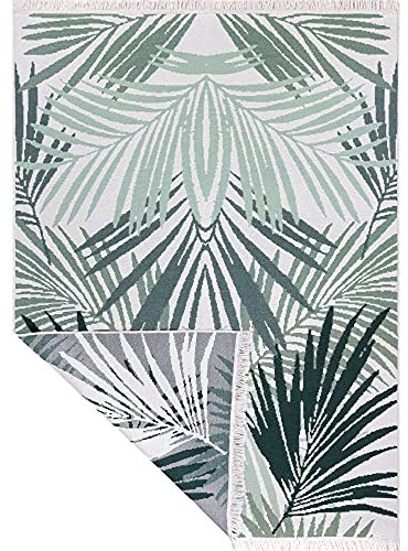Fashion4Home Teppich Läufer - Tepiche für Wohnzimmer, Schlafzimmer, Küche, Kinderzimmer, Badezimmer - Boho Kelim - Läufer Flur, Palm-Grün-Weiß, Größe: 80x150 cm