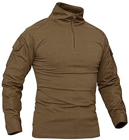 KEFITEVD Langarmshirt Herren Slim Fit 1/4 Zip Militär Shirt Männer Herbst Sweatshirt Jagd Oberteil Tactical Shirt mit Klettfläche Paintball Shirt Frühling Braun M