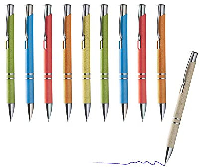10er Set klassischer Kugelschreiber aus Weizenstroh - blauschreibend - nachhaltig (farbig sortiert)